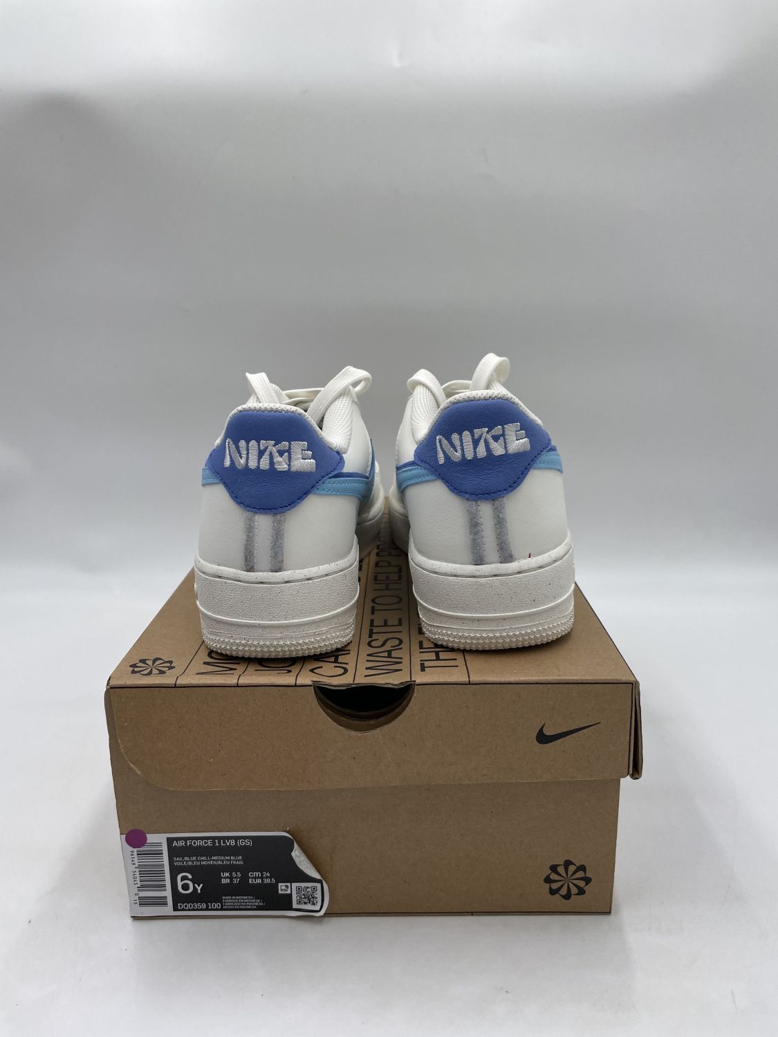 Nike Air Force 1 Low 82 Double Swoosh White Medium Blue (GS), 4.5 / 6W / New