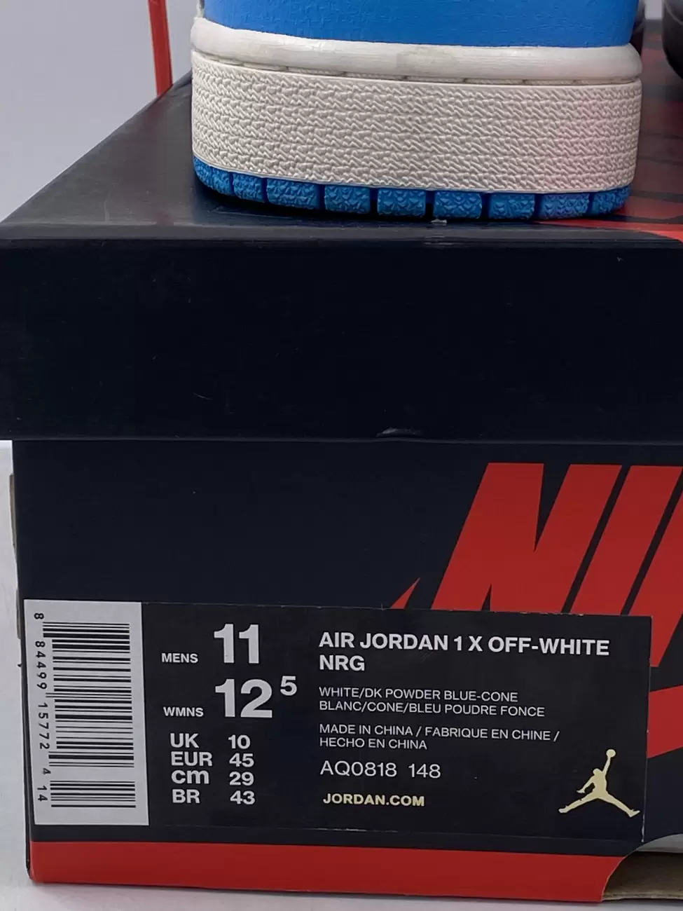 Air Jordan 1 Retro High Off-White University Blue Style # AQ0818-148 Size 14