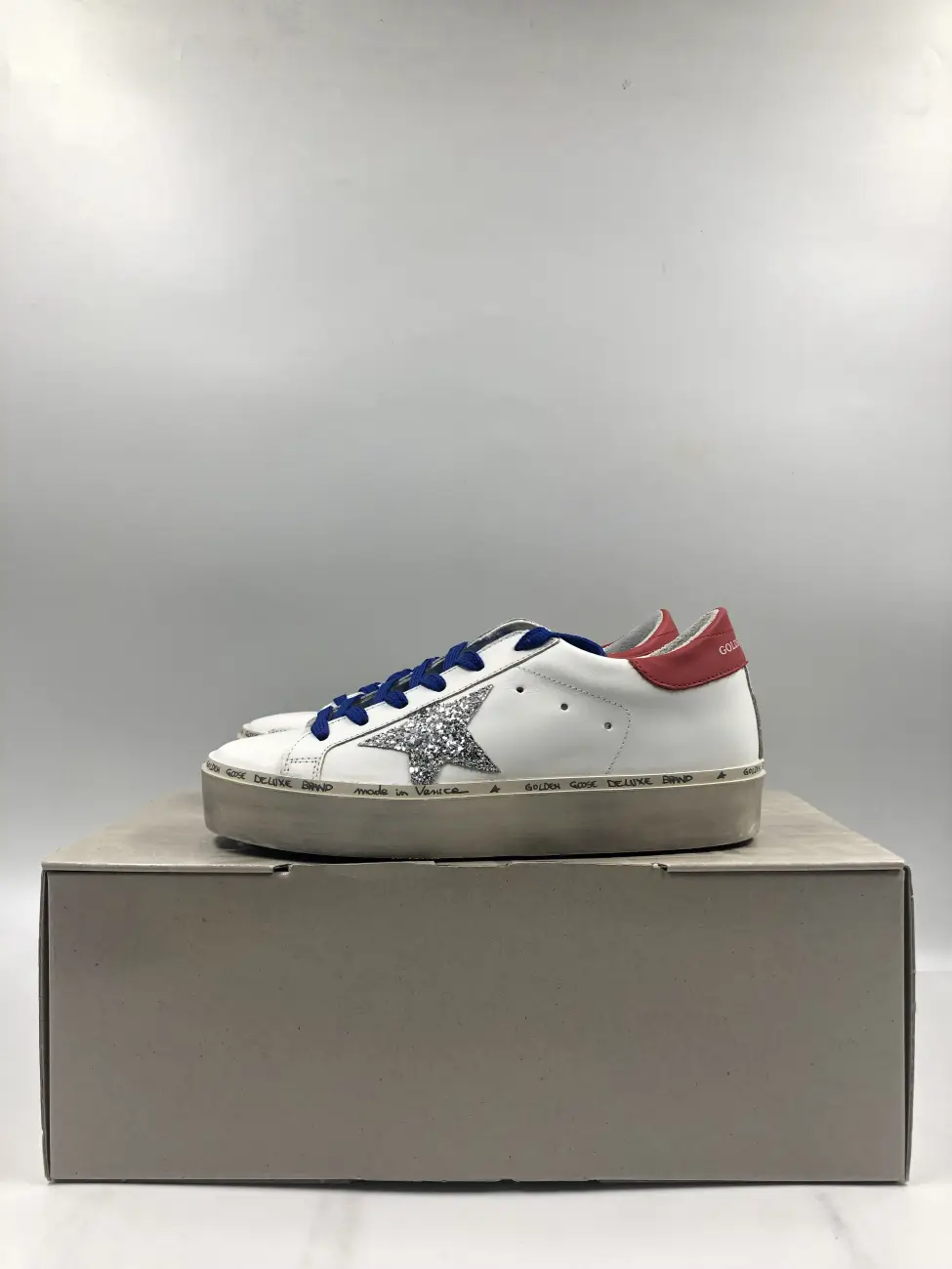 Golden Goose Hi Star White Leather Silver Glitter Red Tab Glitter Star Womens AfterMarket