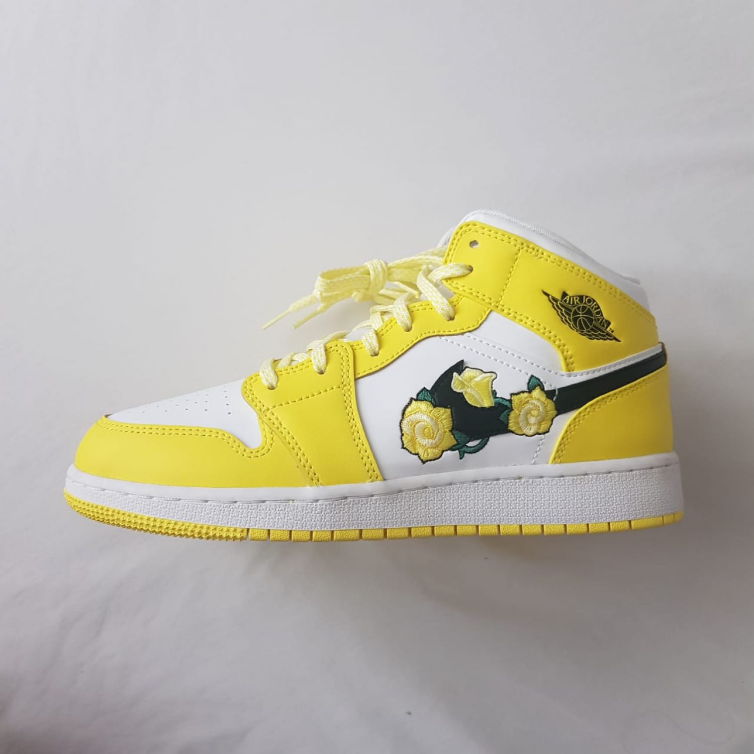 yellow and white jordan 1 with flowers